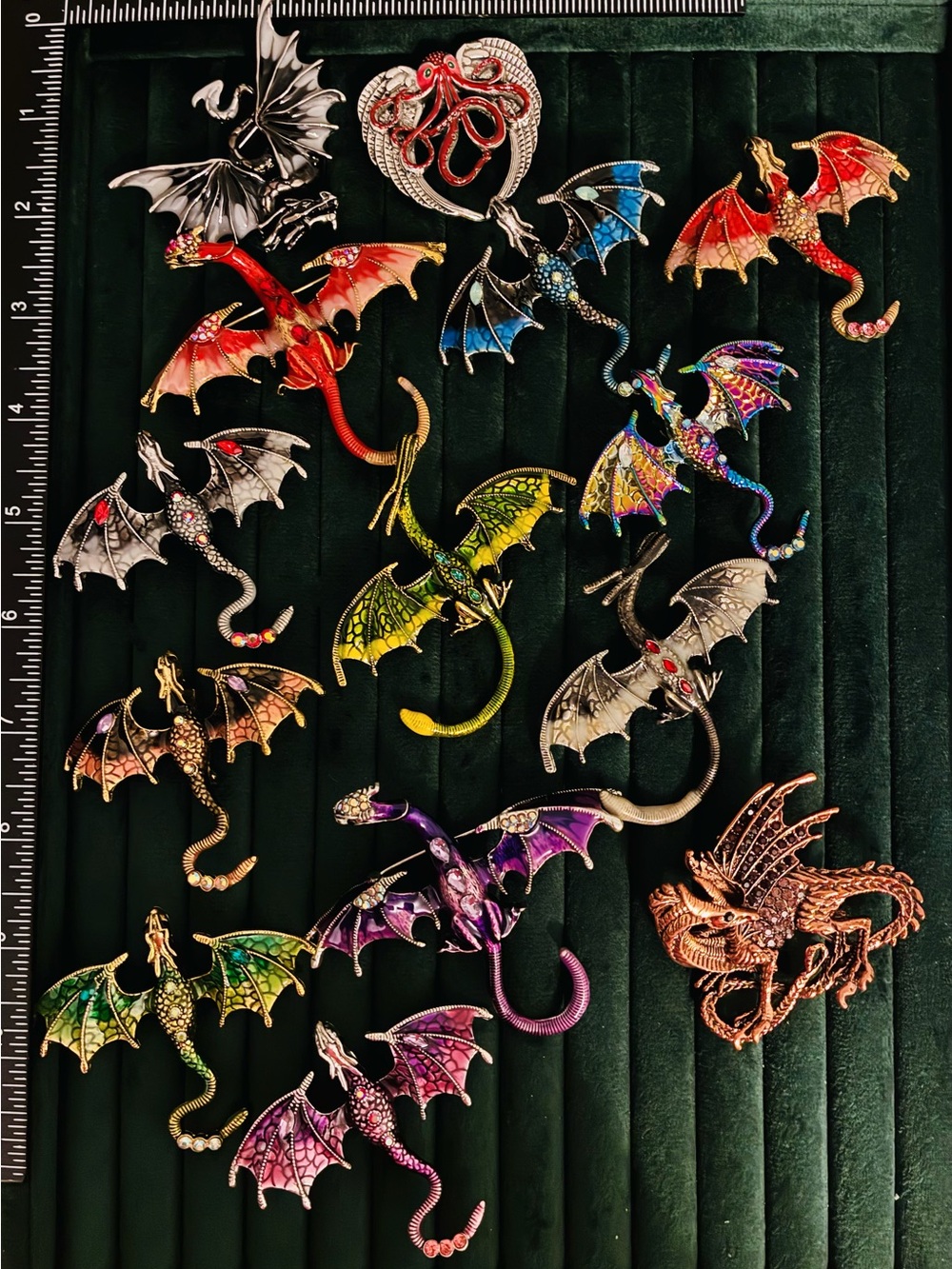14pc Dragon Brooch Lot Gothic Fantasy Monster Rhinestone Enamel Mixed